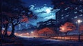 Beautiful anime-style illustration of a city street at night