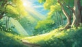 Anime-style sun rays filter through the lush green forest, casting enchanting shadows. Royalty Free Stock Photo