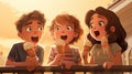anime style three children on a balcony each holding a ice cream Royalty Free Stock Photo