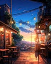 Beautiful anime-style illustration of outdoor restaurants at golden hour