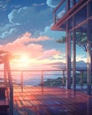 Beautiful anime-style illustration of a seascape from a balcony at golden hour