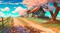 Anime style watercolor painting of a house in the country. Generative AI Royalty Free Stock Photo