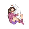 An anime-styled girl hugging her pet goose, they are both happy