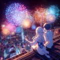 An anime sweet couples of lovers sitting at a rooftop with fireworks and the city view, anime style, wallpaper, t-shirt design