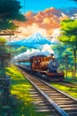 anime train crossing track in sky background beautiful and harmonious scene generated by ai