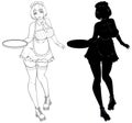 Anime Waitress Line Art and Silhouette