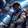 An anime young man in dynamic posing, chill style, with astronaut vibes, beautiful planets, twinkling stars, outter space, cute Royalty Free Stock Photo