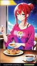 An anime young woman with red hair sitting at a cozy breakfast table with freshly baked pastries and a cup of coffee, anime style