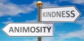 Animosity and kindness as different choices in life - pictured as words Animosity, kindness on road signs pointing at opposite