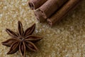 Anise star and cinnamon sticks on brown sugar cane background. Macro view and details of crystal sugar. Top view. Royalty Free Stock Photo