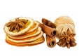 Anise star, cinnamon sticks, walnut and dried orange isolated on white background Royalty Free Stock Photo