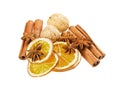 Anise star, cinnamon sticks, walnut and dried orange isolated on white background Royalty Free Stock Photo