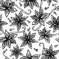 Anise Star Seed, Cloves and Vanilla Pod Seamless Endless Pattern. Seasonal Food Background. Spice and Flavor Mulled Wine Cocktail