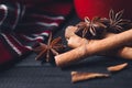 Anise star spices and cinnamon sticks on dark rystic wooden background