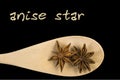 Anise star on wooden spoon isolated on black background. Latin name Illicium verum