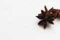 Anise stars closeup on white background with copy space. Aniseed isolated. Aromatic condiment.