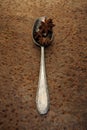 Anise stars in a spoon on an old, rusty metal background. Oriental spices. Asia. Top view