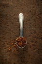 Anise stars in a spoon on an old, rusty metal background. Oriental spices. Asia. Top view