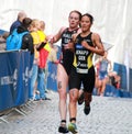 Anja Knapp and Lucy Hall running in the triathlon competition Royalty Free Stock Photo