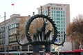 Ankara, Turkey - April 18, 2022: The Hittite Sun Course Monument in Sihhiye Square, a replica of an ancient Hatti monument