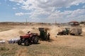 Ankara/Turkey-August 09 2020: .Traditional haymaking with tractors and thresher Royalty Free Stock Photo