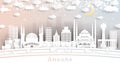 Ankara Turkey City Skyline in Paper Cut Style with White Buildings, Moon and Neon Garland