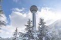 Ankara/Turkey-December 13 2018-Atakule tower in winter time and trees under snow in Botanic Park