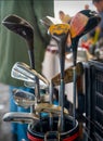 Ankara, Turkey-February 2 2020: Old golf clubs sold in antique market, selective focus Royalty Free Stock Photo