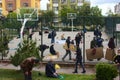 Distanced Muslim men praying in the first Friday prayer after 3 months in Turkey