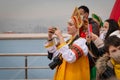 Ankara, Turkey - March 14 2021: Russian girl take photo in traditional dress in spring festival