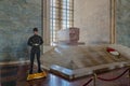 Soldier standing in a guard of honour at symbolic sarcophagus of AtatÃÂ¼rk`s tomb inside the Hall of Honor. Ankara. Turkey