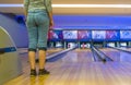 Ankara/Turkey-May 01 2019: Woman`s bowling ball hitting pins scoring a strike Royalty Free Stock Photo