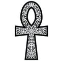 Ankh cross with floral elements in black and white tattoo style , Middle Eastern Religious amulet represents eternal life