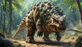 Ankylosaurus in a defensive posture, showcasing its armored body and club-like tail