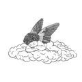 Anlel sleeping on a cloud, black outline drawing isolated on white background, stock vector illustration for design and decor, Royalty Free Stock Photo