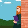 Vector illustration of a young woman with red hair leaning against a brick wall and holding a folder with documents in her hands