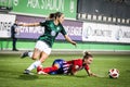 Anna Blasse and Carmen Menayo Montero in action during a soccer match UEFA Women`s Champions League. Royalty Free Stock Photo