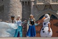 Anna, Elsa and Olaf on Mickey`s Royal Friendship Faire on Cinderella Castle in Magic Kingdom . Royalty Free Stock Photo