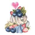 Anna Pavlova cake with meringue and cream, strawberries, blueberries and a heart-shaped lollipop. Watercolor