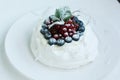 Anna Pavlova dessert with blueberries and red currants Royalty Free Stock Photo