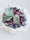 Anna Pavlova dessert with blueberries and red currants Royalty Free Stock Photo