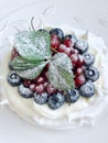 Anna Pavlova dessert with blueberries and red currants Royalty Free Stock Photo