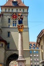 Anna Seiler fountain (Anna-Seiler-Brunnen) and Kafigturm tower in old city of Bern, Switzerland