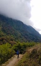 Annapurna Base Camp hiking trek, Himalayas, Nepal. November, 2018. A lonely hiker on the way to Machapuchare Base Camp. Cloudy and