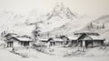 Annapurna Iii Sketch Mountains, Houses, And Trees In Realistic Figurative Style Royalty Free Stock Photo