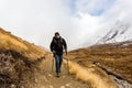 Annapurna, Nepal - November 09, 2018: Tourist going up on the way to Annapurna Base Camp, Himalayas, Annapurna Conservation Area,