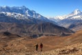 Annapurna, Nepal - November 18, 2015: Tourists going up to the mountain. Low Mustang, Annapurna Trek, Himalayas, Nepal