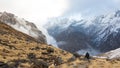 Annapurna region, Nepal - November 10, 2018: Hikers walk the track ABC to Machhapuchhre Base Camp, Himalaya, Nepal Royalty Free Stock Photo