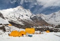 Annapurna south from mount Annapurna base camp with tents Royalty Free Stock Photo