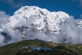 Annapurna south mountain peak behind Badal Danda village in Mardi Himal trekking route in Pokhara, Himalaya mountains range in